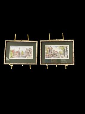 Bruges Belgium Framed Green Mat Canal Watercolor Prints - Set of 2 With Easels